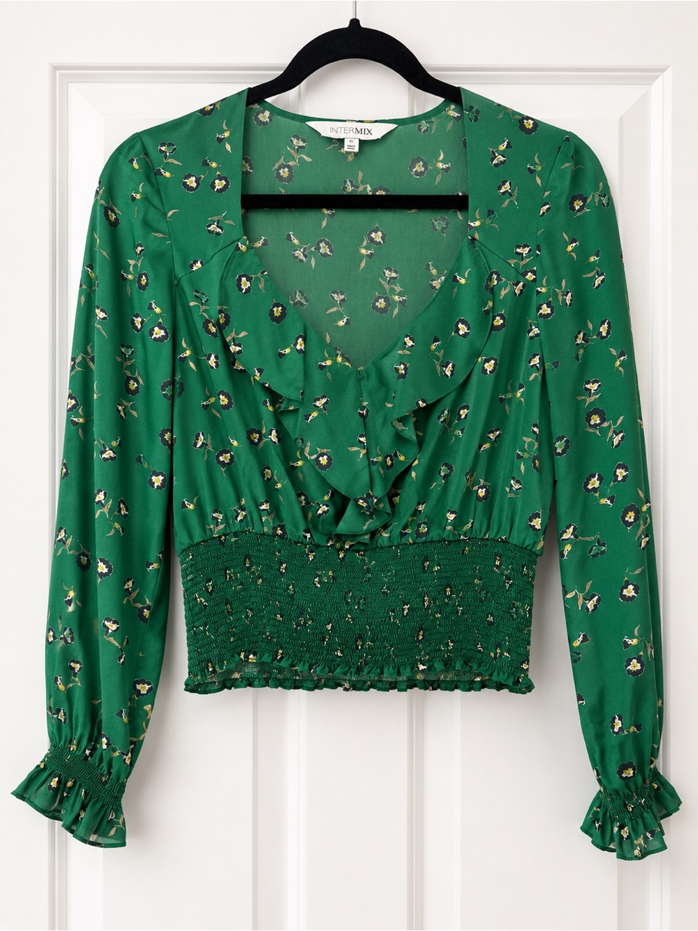 Intermix Green Floral Ruffle Blouse Smocked Waist Top Size P